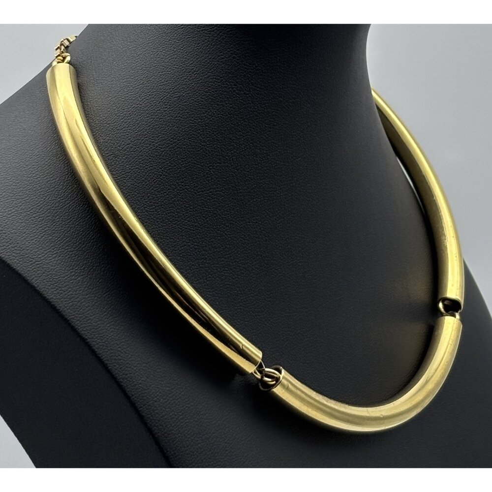 Vintage Ann Taylor Gold-Tone Curved Tubular Necklace Collar Adjustable, Logo Tag - Picture 4 of 13